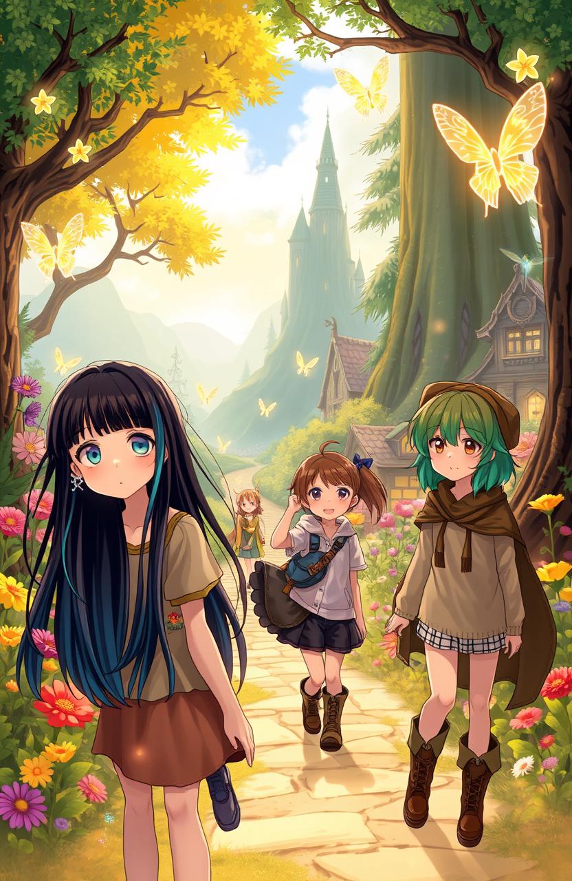 Two teenage girls with long black hair, one with deep sea blue highlights and adorned with sparkling hairpins, and another with bright green streaks, alongside a tomboy girl with short, messy brown hair, enter a magical parallel world