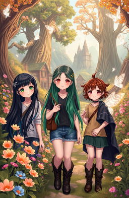 Two teenage girls with long black hair, one with deep sea blue highlights and adorned with sparkling hairpins, and another with bright green streaks, alongside a tomboy girl with short, messy brown hair, enter a magical parallel world