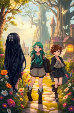 Two teenage girls with long black hair, one with deep sea blue highlights and adorned with sparkling hairpins, and another with bright green streaks, alongside a tomboy girl with short, messy brown hair, enter a magical parallel world