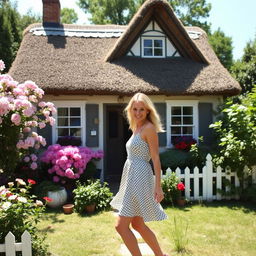 A quaint, picturesque cottage surrounded by blooming flowers and greenery, with a stylish blond woman dressed in a chic summer dress, standing playfully in the front yard
