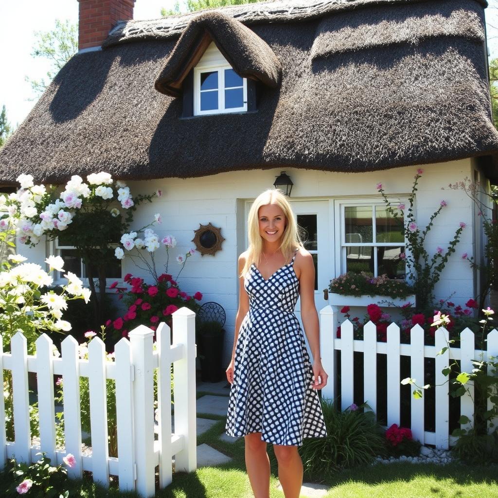 A quaint, picturesque cottage surrounded by blooming flowers and greenery, with a stylish blond woman dressed in a chic summer dress, standing playfully in the front yard