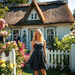 A quaint, picturesque cottage surrounded by blooming flowers and greenery, with a stylish blond woman dressed in a chic summer dress, standing playfully in the front yard