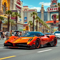 A rare Pagani hypercar cruising down the Las Vegas Strip during a bright sunny day