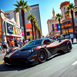 A rare Pagani hypercar cruising down the Las Vegas Strip during a bright sunny day