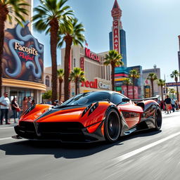 A rare Pagani hypercar cruising down the Las Vegas Strip during a bright sunny day