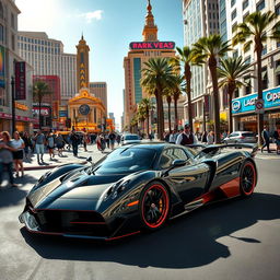A rare Pagani hypercar cruising down the Las Vegas Strip during a bright sunny day