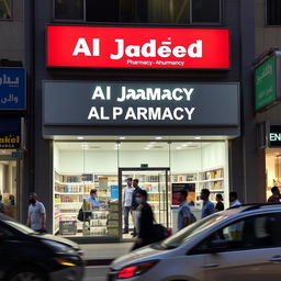A pharmacy named 'Al Jadeeda Pharmacy' located on a busy street