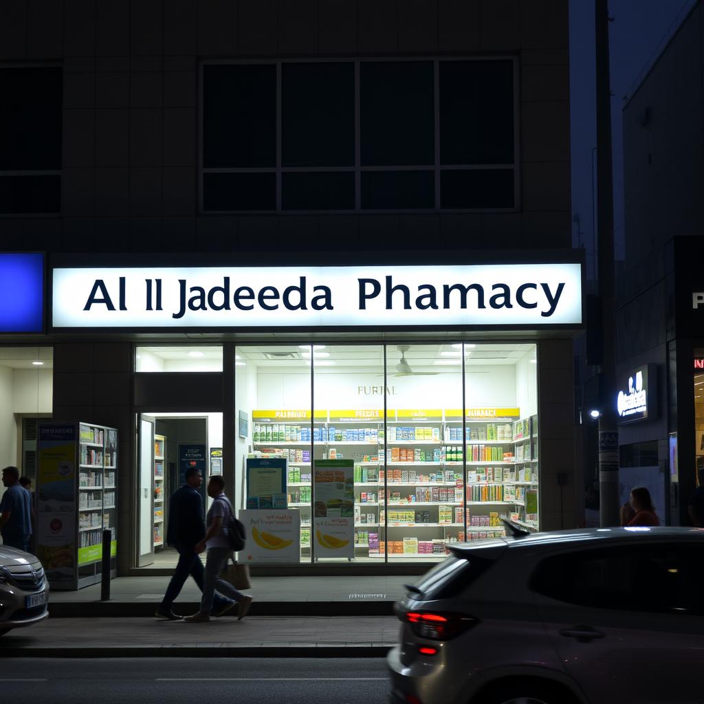 A pharmacy named 'Al Jadeeda Pharmacy' located on a busy street