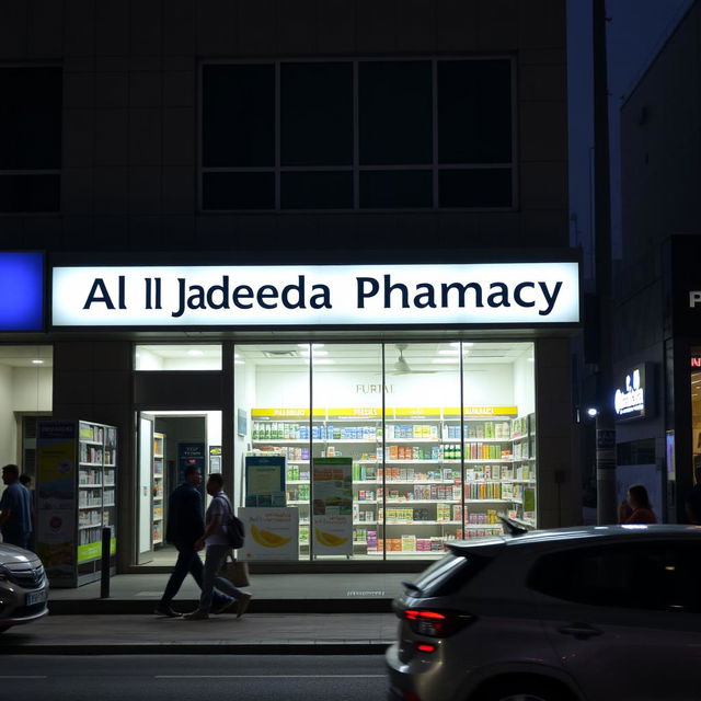 A pharmacy named 'Al Jadeeda Pharmacy' located on a busy street