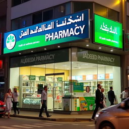 A pharmacy named 'Al Jadeeda Pharmacy' located on a busy street