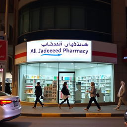 A pharmacy named 'Al Jadeeda Pharmacy' located on a busy street