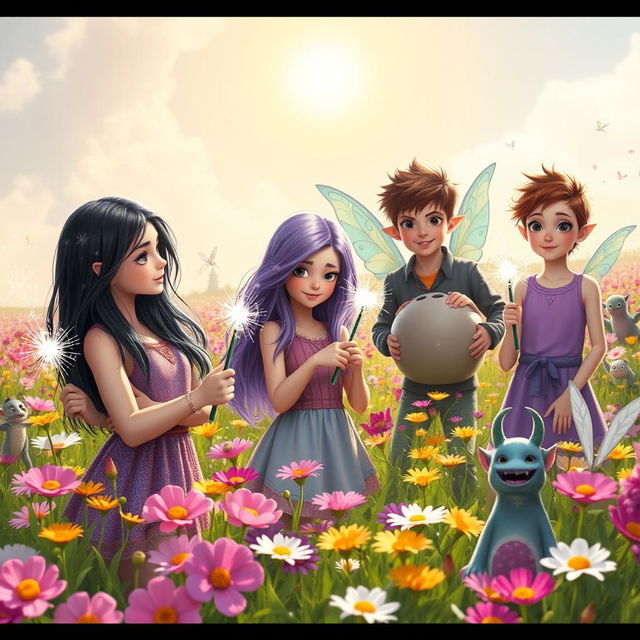 Two teenage girls with long black hair, one with shimmering silver highlights, and another with sparkling purple strands, along with a tomboy girl sporting short, spiky brown hair, meet elves, fairies, and friendly monsters in a beautiful flower field