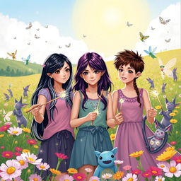 Two teenage girls with long black hair, one with shimmering silver highlights, and another with sparkling purple strands, along with a tomboy girl sporting short, spiky brown hair, meet elves, fairies, and friendly monsters in a beautiful flower field