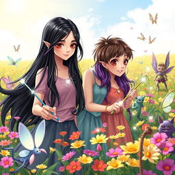Two teenage girls with long black hair, one with shimmering silver highlights, and another with sparkling purple strands, along with a tomboy girl sporting short, spiky brown hair, meet elves, fairies, and friendly monsters in a beautiful flower field