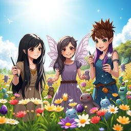 Two teenage girls with long black hair, one with shimmering silver highlights, and another with sparkling purple strands, along with a tomboy girl sporting short, spiky brown hair, meet elves, fairies, and friendly monsters in a beautiful flower field