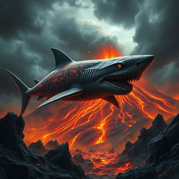 A dramatic and sinister fantasy scene featuring a colossal magma shark soaring through the air against the backdrop of an active volcano