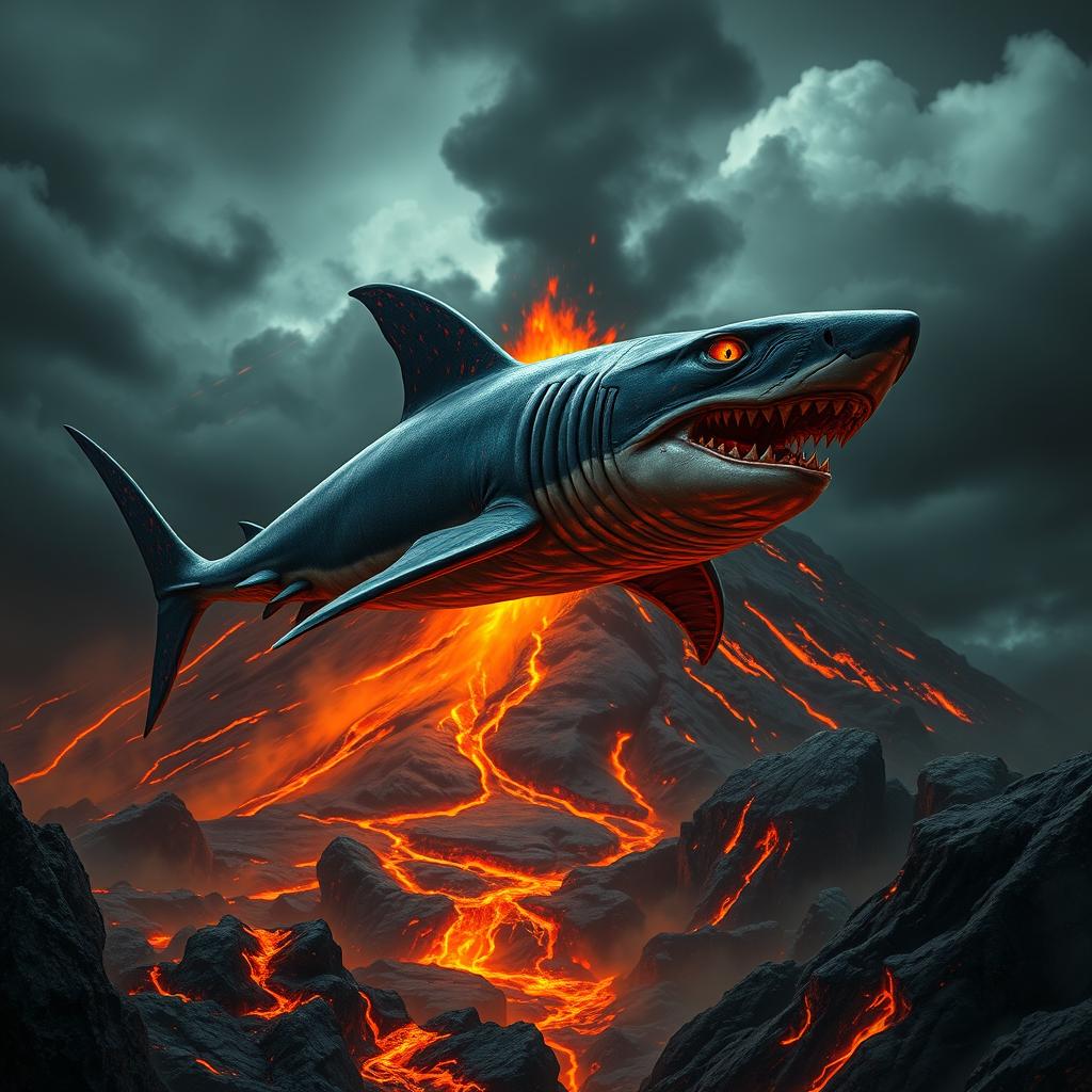 A dramatic and sinister fantasy scene featuring a colossal magma shark soaring through the air against the backdrop of an active volcano