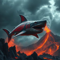 A dramatic and sinister fantasy scene featuring a colossal magma shark soaring through the air against the backdrop of an active volcano