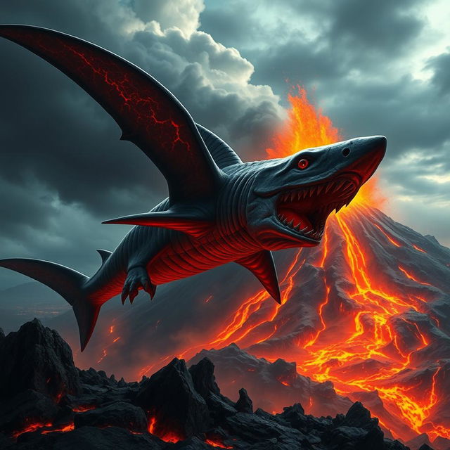 A dramatic and sinister fantasy scene featuring a colossal magma shark soaring through the air against the backdrop of an active volcano