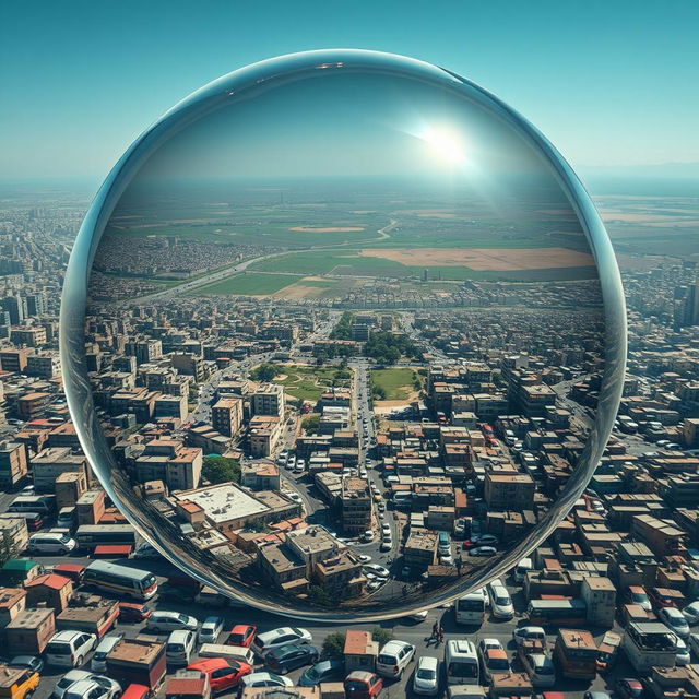 The image depicts a crowded Palestinian city encapsulated within a transparent bubble that appears on the verge of bursting due to overcrowding