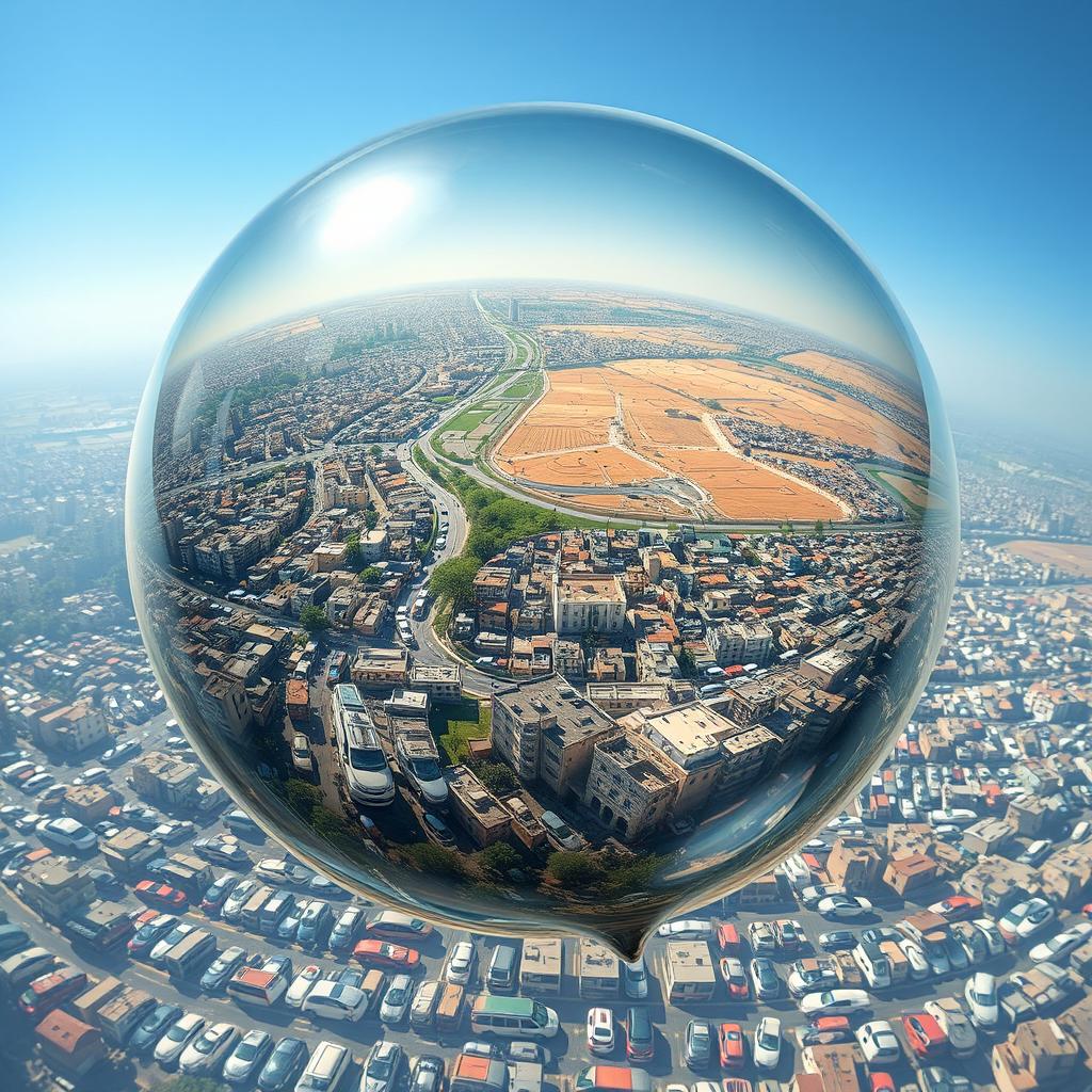 The image depicts a crowded Palestinian city encapsulated within a transparent bubble that appears on the verge of bursting due to overcrowding