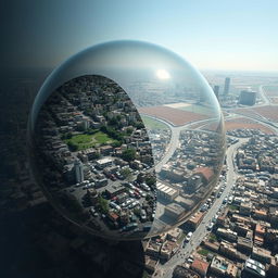 The image depicts a crowded Palestinian city encapsulated within a transparent bubble that appears on the verge of bursting due to overcrowding
