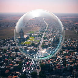 The image depicts a crowded Palestinian city encapsulated within a transparent bubble that appears on the verge of bursting due to overcrowding
