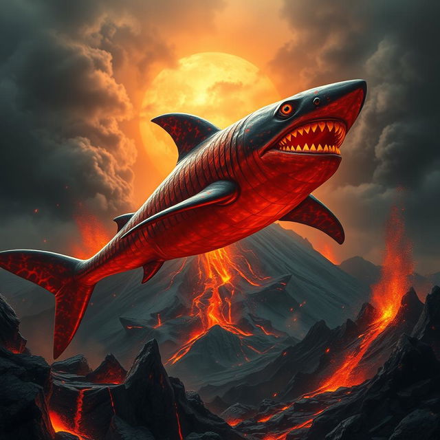 A dramatic and sinister fantasy scene depicting a colossal magma shark with a body made of scaling, glowing lava