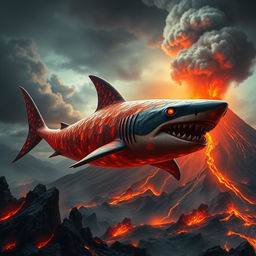 A dramatic and sinister fantasy scene depicting a colossal magma shark with a body made of scaling, glowing lava