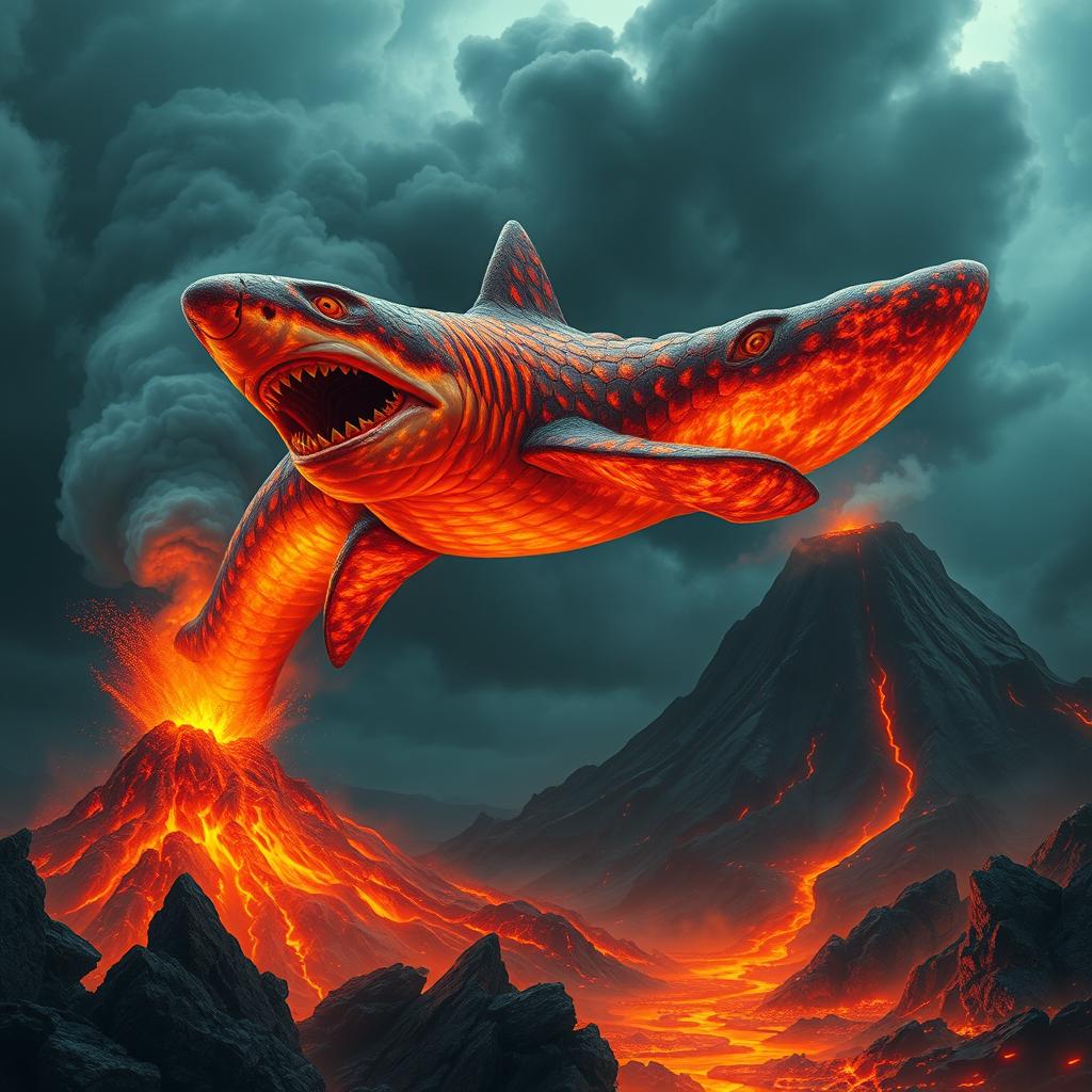 A dramatic and sinister fantasy scene depicting a colossal magma shark with a body made of scaling, glowing lava