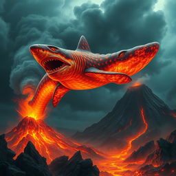 A dramatic and sinister fantasy scene depicting a colossal magma shark with a body made of scaling, glowing lava
