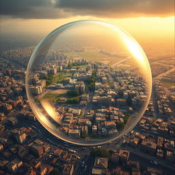 The image shows a crowded Palestinian city encased within a transparent bubble that looks as if it could explode at any moment from the sheer density of its population