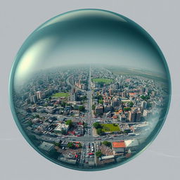 The image shows a crowded Palestinian city encased within a transparent bubble that looks as if it could explode at any moment from the sheer density of its population