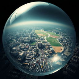 The image shows a crowded Palestinian city encased within a transparent bubble that looks as if it could explode at any moment from the sheer density of its population