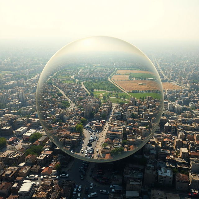 The image shows a crowded Palestinian city encased within a transparent bubble that looks as if it could explode at any moment from the sheer density of its population