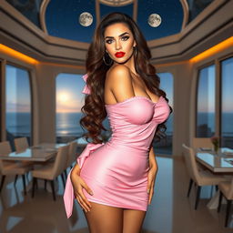 A full-body image of a seductive 50-year-old woman with Arab features, wearing a sexy pink French maid outfit