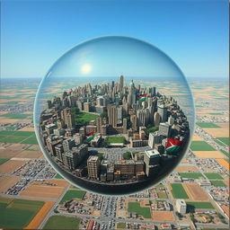 The artwork features a crowded Palestinian city trapped inside a transparent bubble, visually teetering on the edge of explosion due to overwhelming population density