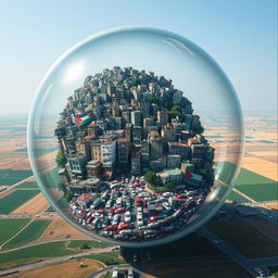 The artwork features a crowded Palestinian city trapped inside a transparent bubble, visually teetering on the edge of explosion due to overwhelming population density