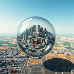 The artwork features a crowded Palestinian city trapped inside a transparent bubble, visually teetering on the edge of explosion due to overwhelming population density