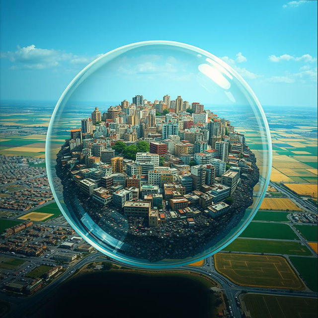 The artwork features a crowded Palestinian city trapped inside a transparent bubble, visually teetering on the edge of explosion due to overwhelming population density