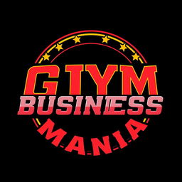 A retro-styled logo inspired by the classic WWF WrestleMania font featuring the text 'GYMBUSINESSMANIA'