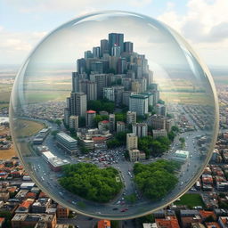 The photograph illustrates a congested Palestinian city encased within a transparent bubble that appears ready to burst from the intense overcrowding