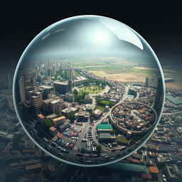The photograph illustrates a congested Palestinian city encased within a transparent bubble that appears ready to burst from the intense overcrowding