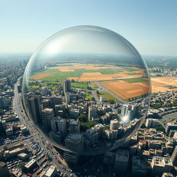 The photograph illustrates a congested Palestinian city encased within a transparent bubble that appears ready to burst from the intense overcrowding
