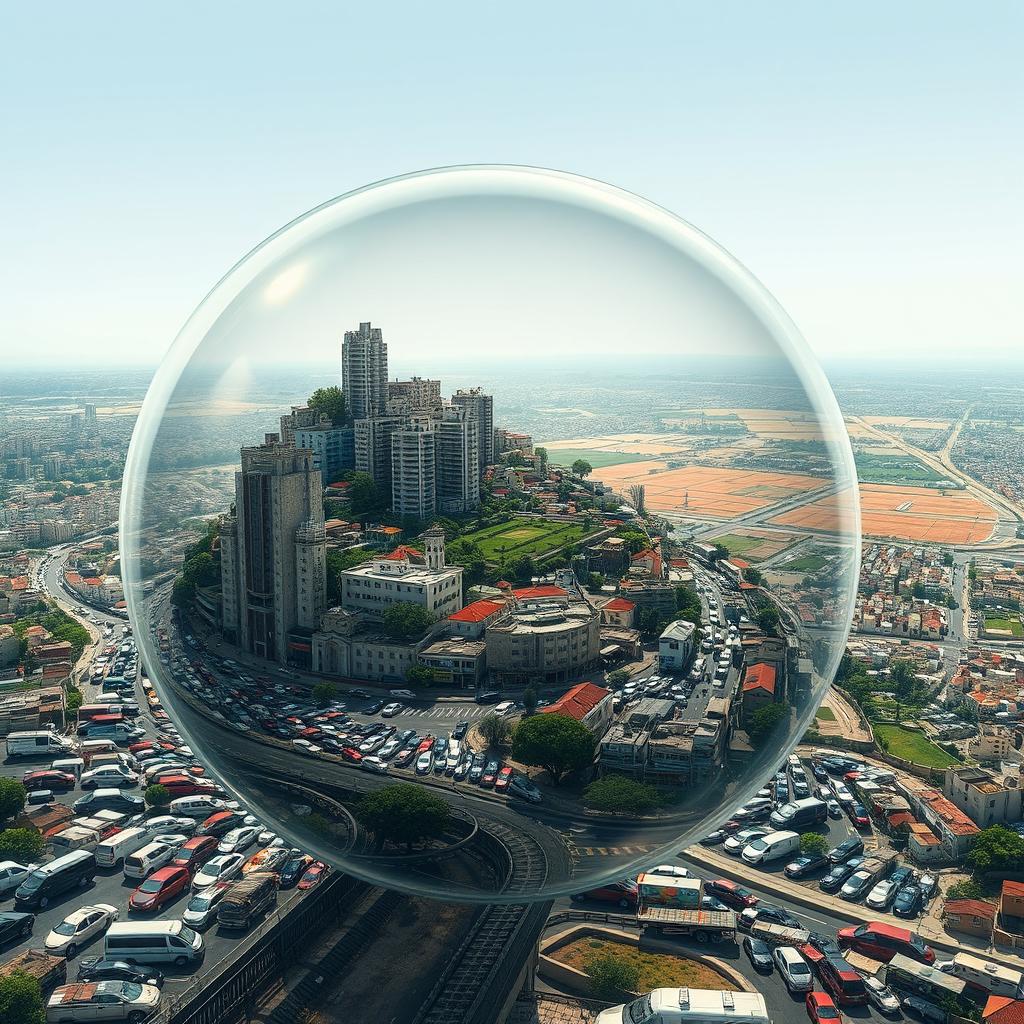 The photograph illustrates a congested Palestinian city encased within a transparent bubble that appears ready to burst from the intense overcrowding