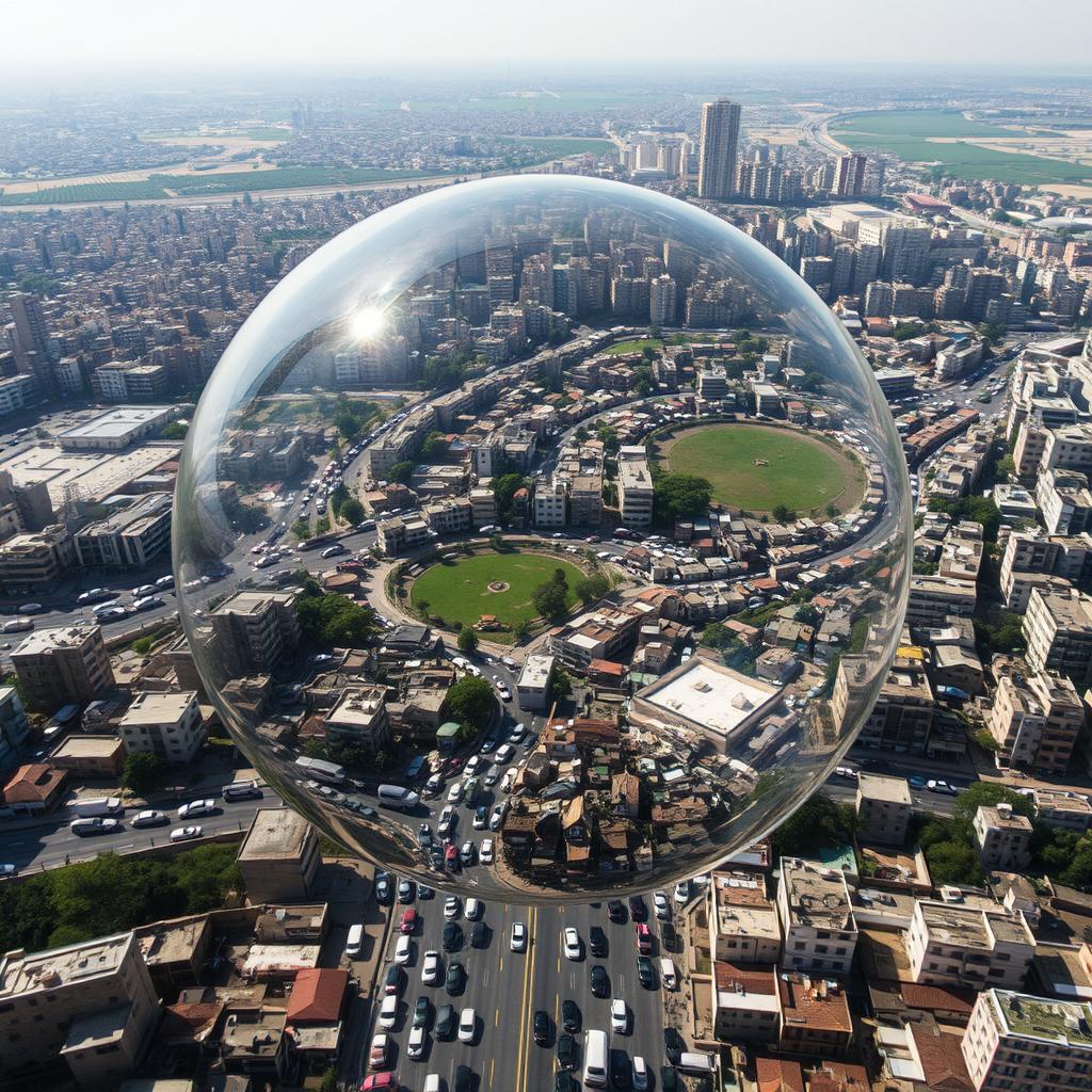 The photograph captures a crowded Palestinian city encased in a transparent bubble, teetering on the brink of explosion from the overcrowding and urban chaos within