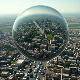 The photograph captures a crowded Palestinian city encased in a transparent bubble, teetering on the brink of explosion from the overcrowding and urban chaos within