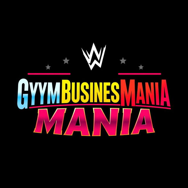 A vibrant and bold depiction of a retro wrestling logo that reads "GYMBUSINESSMANIA" using a font reminiscent of classic WWF WrestleMania branding