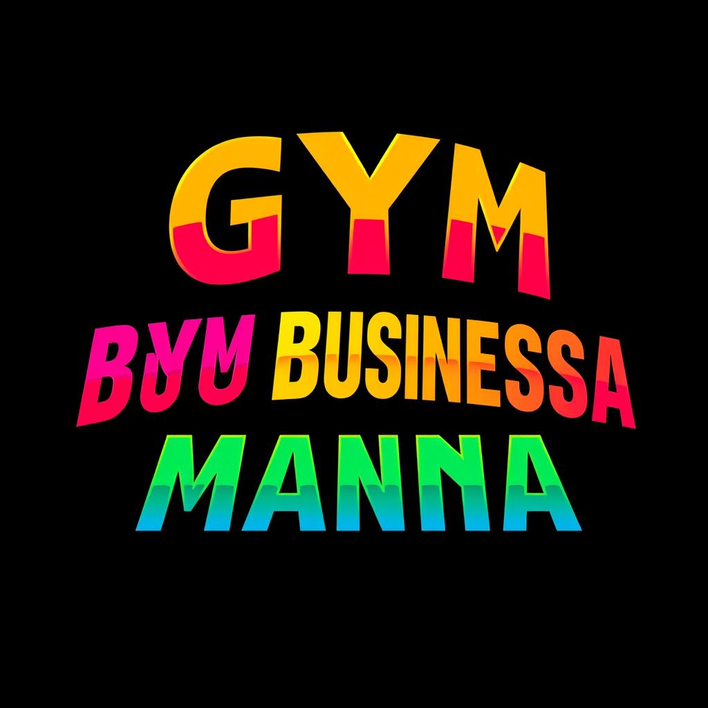 A vibrant and bold depiction of a retro wrestling logo that reads "GYMBUSINESSMANIA" using a font reminiscent of classic WWF WrestleMania branding