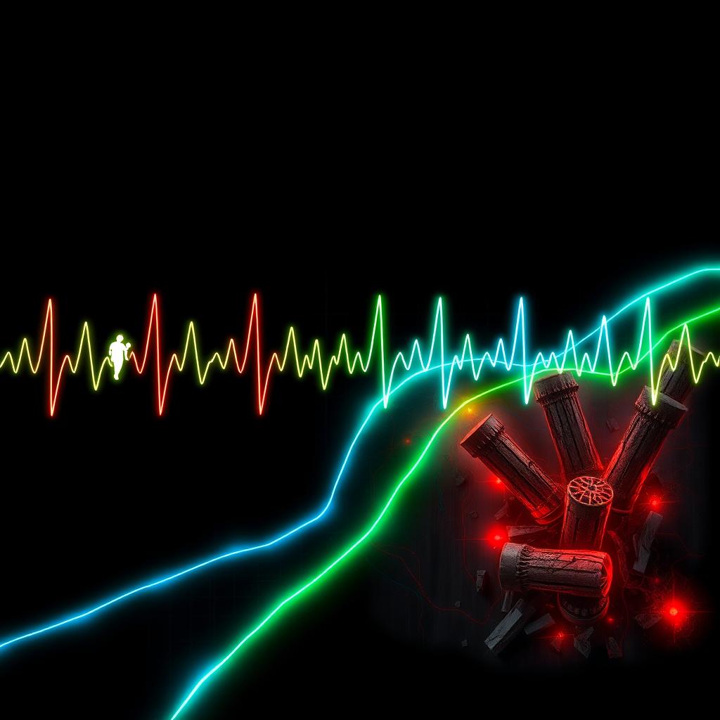An abstract representation of a Palestinian city is depicted using electrocardiogram (ECG) pulses to illustrate the contrasting dynamics of the urban environment